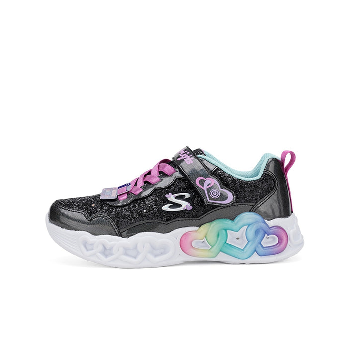 Girl's black glitter sneakers with heart graphics, colorful side heart detail, lace-up, chunky sole