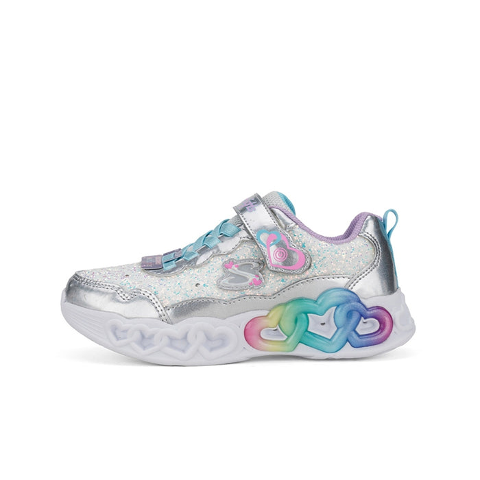Girl's silver metallic sneakers with heart emblem, colorful side detail, lace-up, chunky white sole
