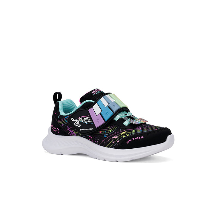 Girl's Skechers Jumpsters sneakers, black multi with teal collar and strap, white sole