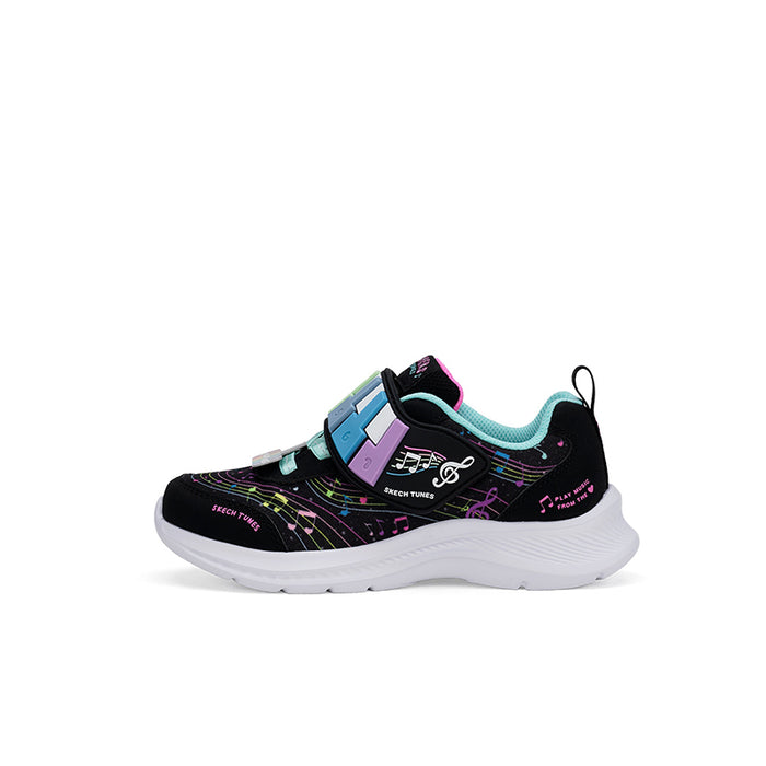 Girl's Skechers Jumpsters sneakers, black multi side view with blue strap and white sole