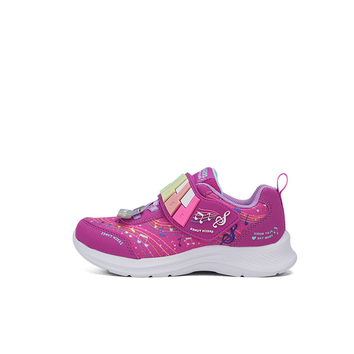 Girl's Skechers Jumpsters sneakers, bright pink with multicolor trim, hook-and-loop strap