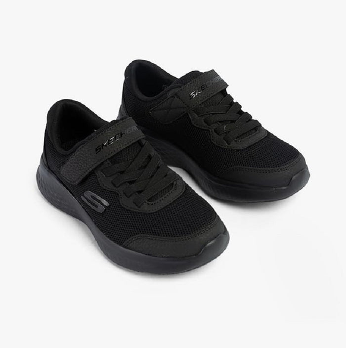 Skechers kids black sneakers, side view with S logo