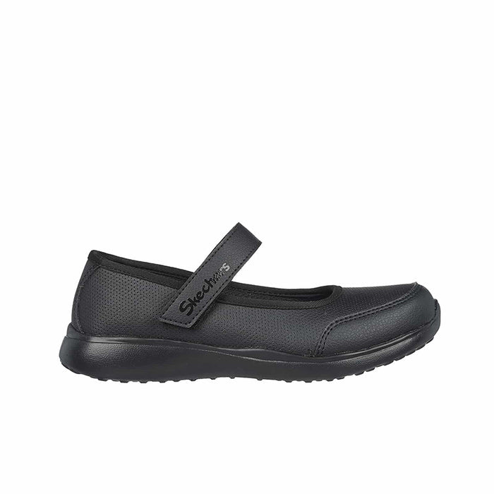 Black Mary Jane shoe with hook-and-loop strap and low-profile sole, Skechers