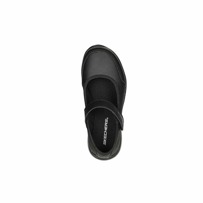 Black Mary Jane shoe with side profile and hook-and-loop strap, Skechers