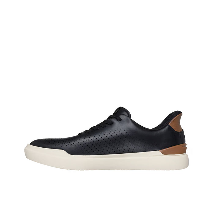 Men's Skechers slip-in sneakers, black with tan stripe detail and white outsole