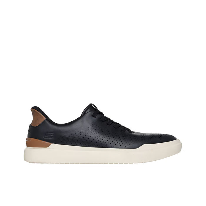 Men's Skechers slip-in sneakers in black with tan collar accents and white sole