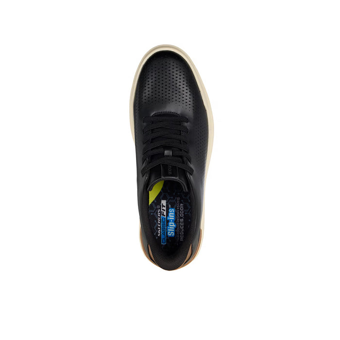 Men's Skechers slip-in sneakers top view, perforated black upper with black laces