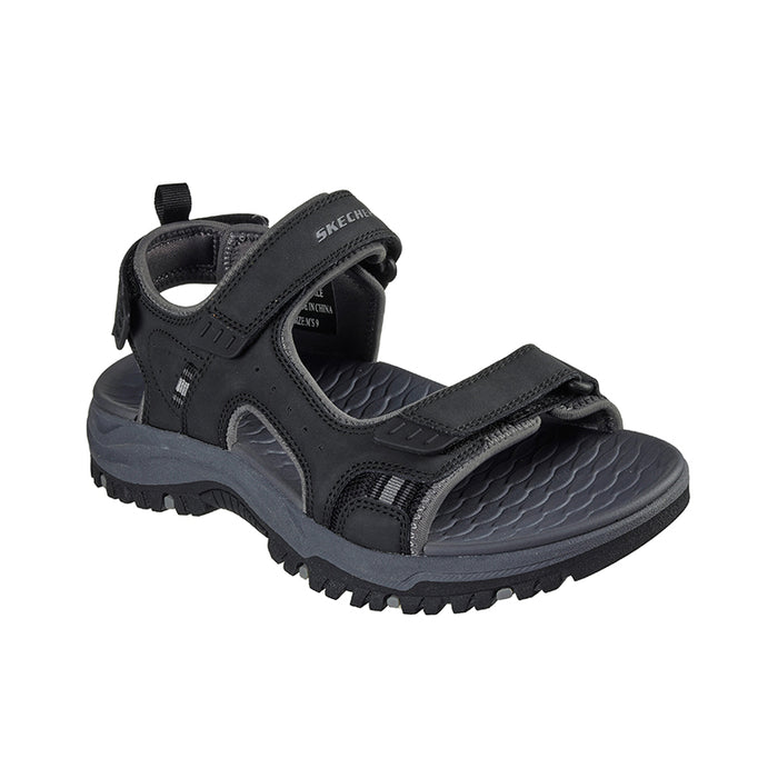 Men's black outdoor sandals with hook-and-loop straps and textured footbed