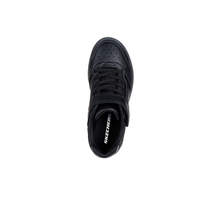 Boys black sneaker top view with black laces and padded tongue