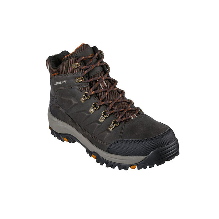 Men's casual lace-up outdoor boots, dark brown with orange-brown laces and tread sole