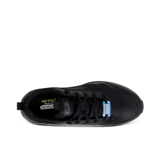 Men's black sneaker close-up with lace-up vamp and Skechers branding on tongue