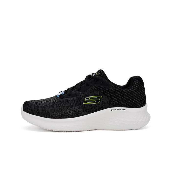 Men's black Skech-Lite Pro sneakers with mesh upper, black laces, and white cushioned sole