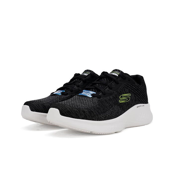 Men's Skech-Lite Pro sneakers, side view, black mesh with neon-green S logo and white sole