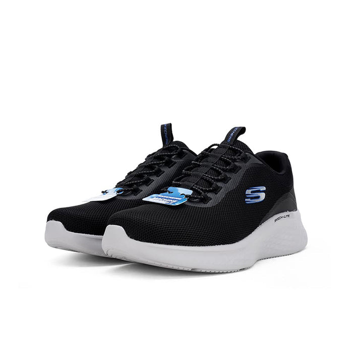 Black men's mesh sneaker with blue logo accents and white sole