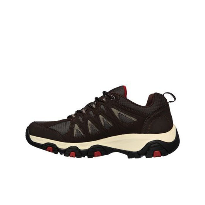 Men's outdoor sneaker, brown lace-up with off-white midsole and red-accent tread