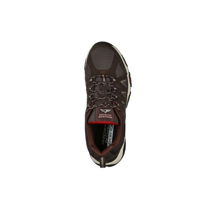 Men's sneaker top view, dark brown lace-up with off-white midsole and red accents