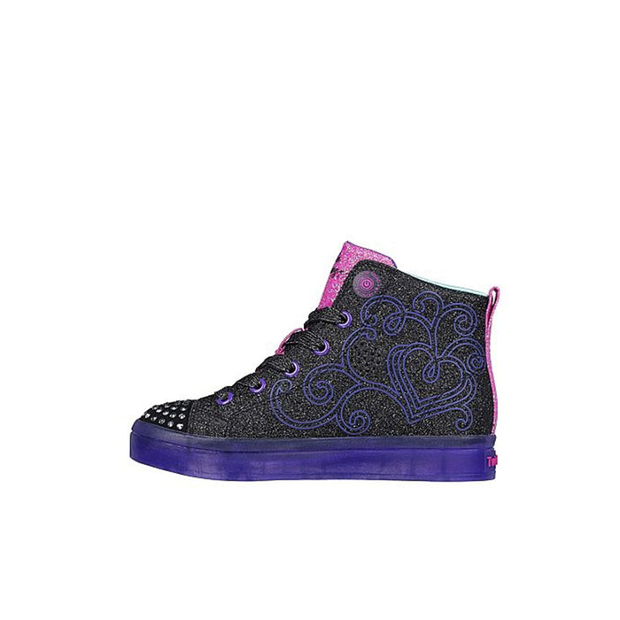 Girls high-top boots, dark black glitter with purple swirls and pink strap detail