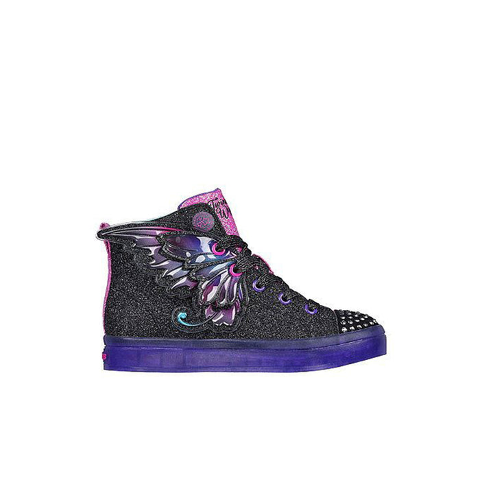Girls high-top boots, dark black glitter with large pink wing applique and laces