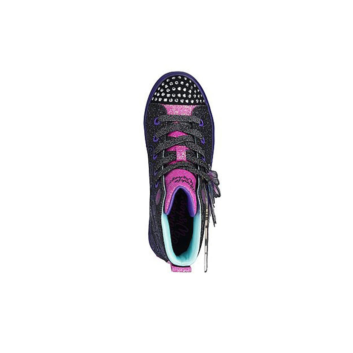 Girls high-top boots, black glitter with pink laces and teal-lined collar
