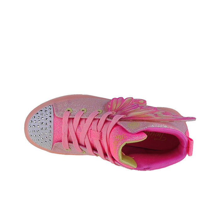 Girls high-top boots, pink glitter with butterfly trim and pink laces; side view