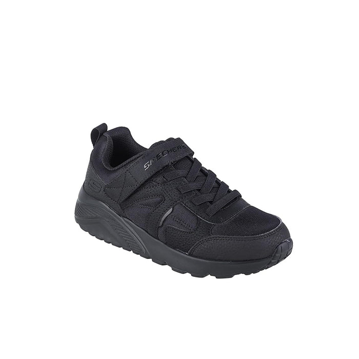 Boys black low-top sneakers with lace-up closure and cushioned rubber sole