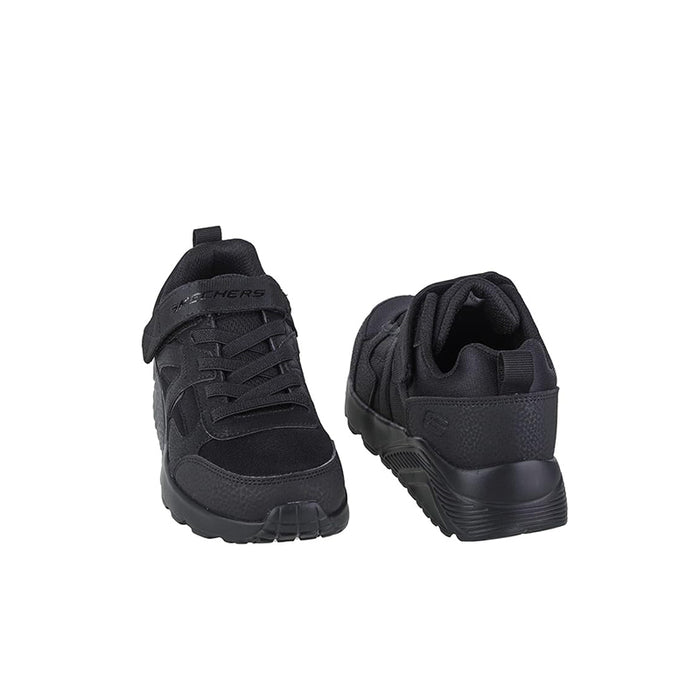 Pair of boys black sneakers shown from side and back, with lace-up design