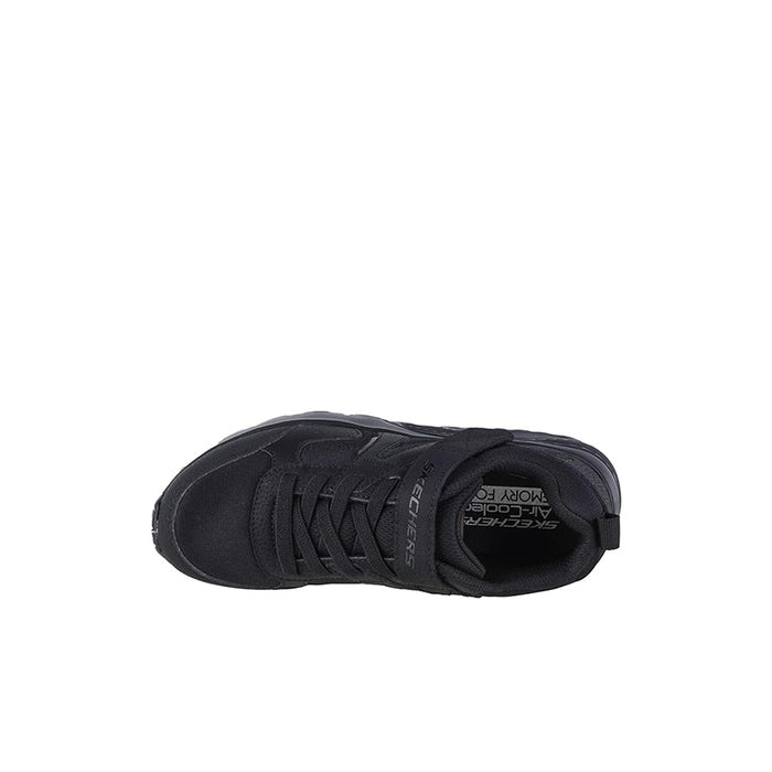 Boys black low-top sneaker with lace-up front and open interior collar view