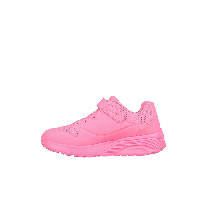 Girl's pink casual sneakers, side view with lace-up detailing and chunky outsole