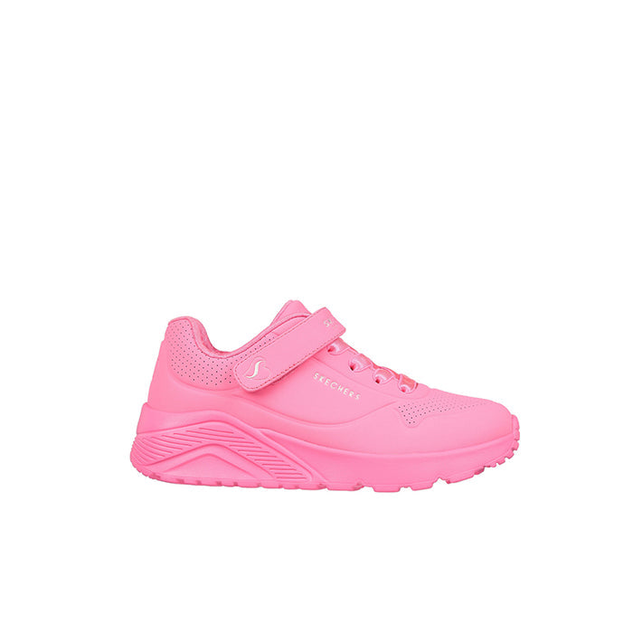 Girl's pink casual sneakers, angled side view with padded collar and strap