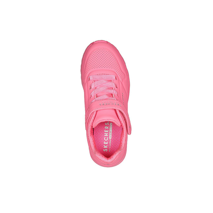 Girl's pink casual sneakers, top-down view of closed-toe and hook-and-loop strap