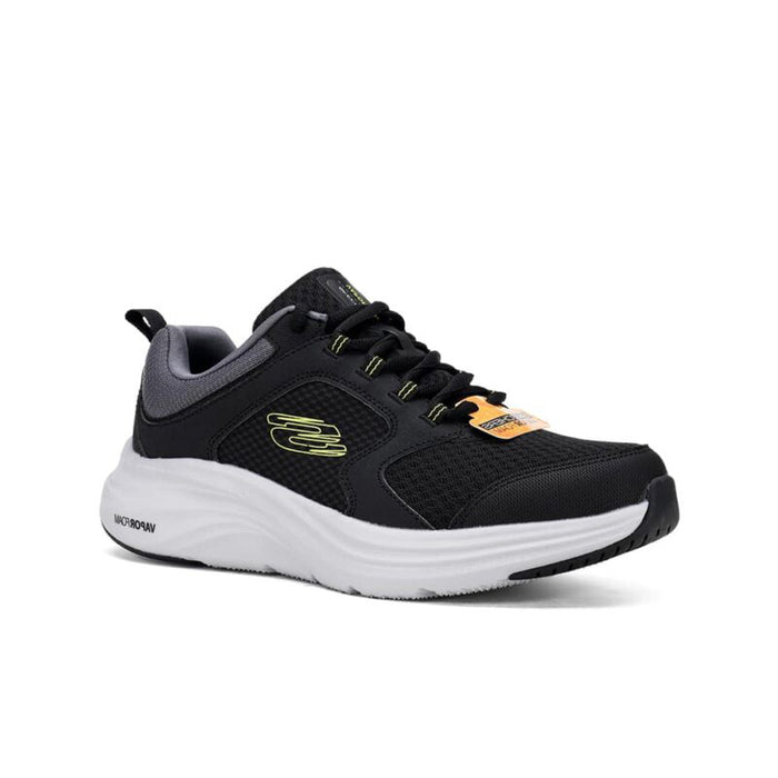 Black mesh men’s sneaker with white sole and neon lime logo accents