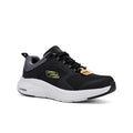 Black mesh men’s sneaker with white sole and neon lime logo accents