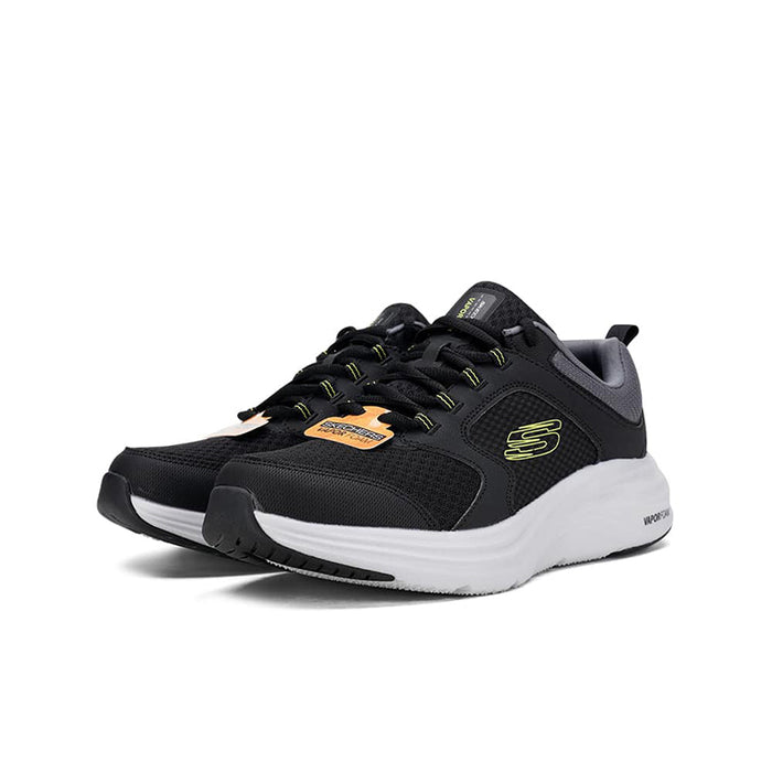 Black mesh men’s sneaker front angled view with neon lime and orange accents