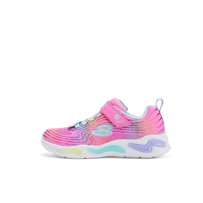 Girl's pink multi sneakers, side view with wavy light-up detailing