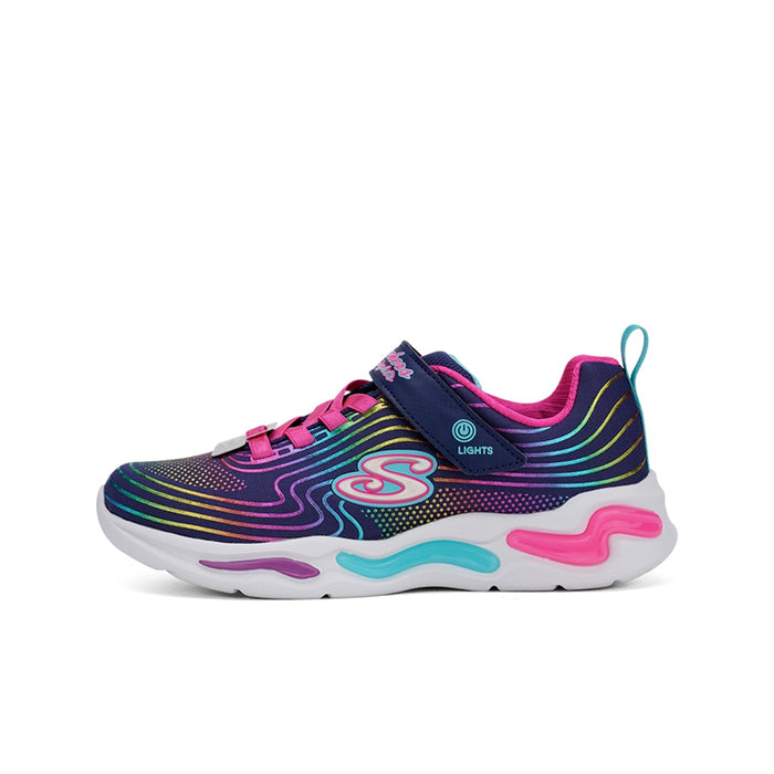 Girl's navy multi sneakers, front angle with wavy light-up accents