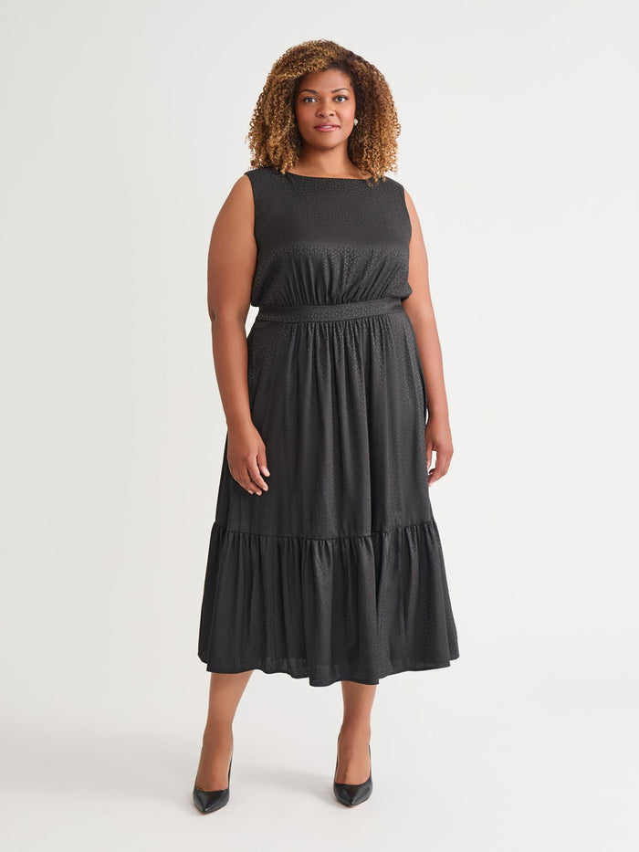 Sleeveless Boat Neck Tiered Dress, Black, Black | Kasper