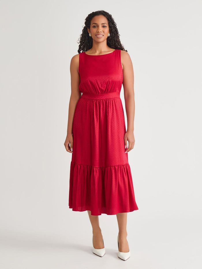 Sleeveless Boat Neck Tiered Dress, Crimson, Crimson | Kasper