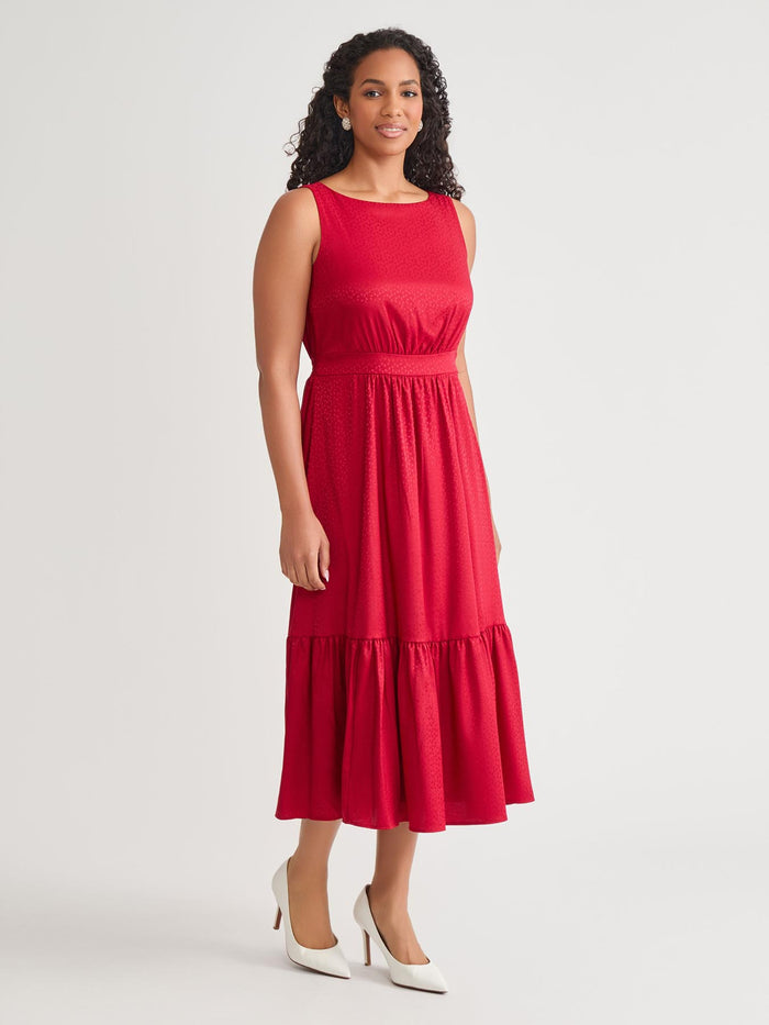 Sleeveless Boat Neck Tiered Dress, Crimson, Crimson | Kasper