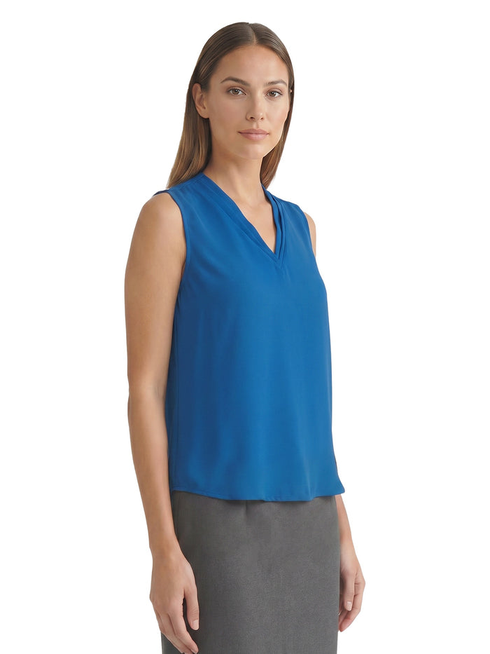 Petite Sleeveless Pleat Neck Blouse, Blue Night | Kasper