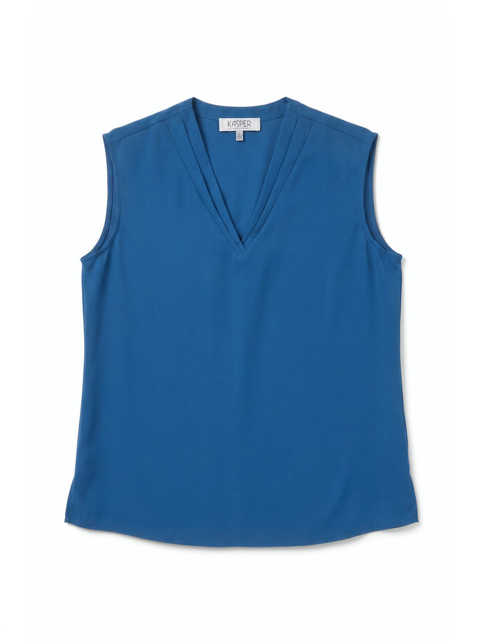 Petite Sleeveless Pleat Neck Blouse, Blue Night | Kasper