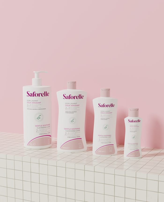 4 tailles de soins lavants intimes doux et apaisant Saforelle pour l'hygiène intime et corporel nettoie la peau en douceur et apaise les sensation d'irritations intimes au quotidien