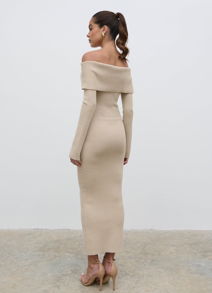 Model Is 5'5" & Wears Size UK S|Soreya Bardot Knit Dress - Beige
