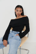 Kayleigh Is 5'7" & Wears Size UK XS|Soreya Bardot Soft Knit Top - Black