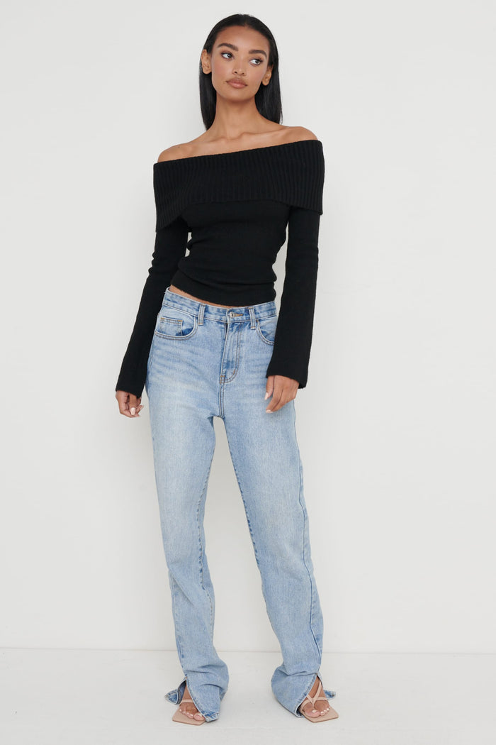 Kayleigh Is 5'7" & Wears Size UK XS|Soreya Bardot Soft Knit Top - Black