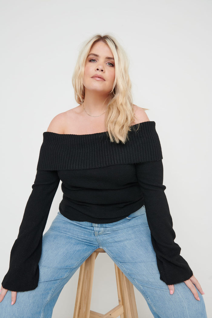 Kayleigh Is 5'7" & Wears Size UK XS|Soreya Bardot Soft Knit Top - Black