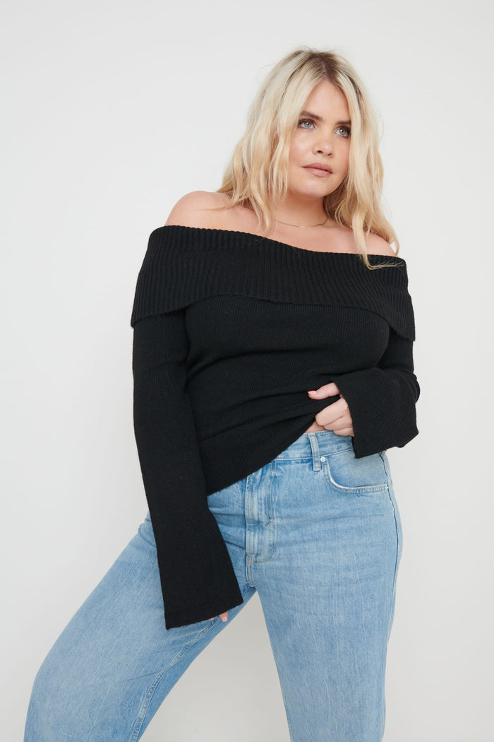 Kayleigh Is 5'7" & Wears Size UK XS|Soreya Bardot Soft Knit Top - Black