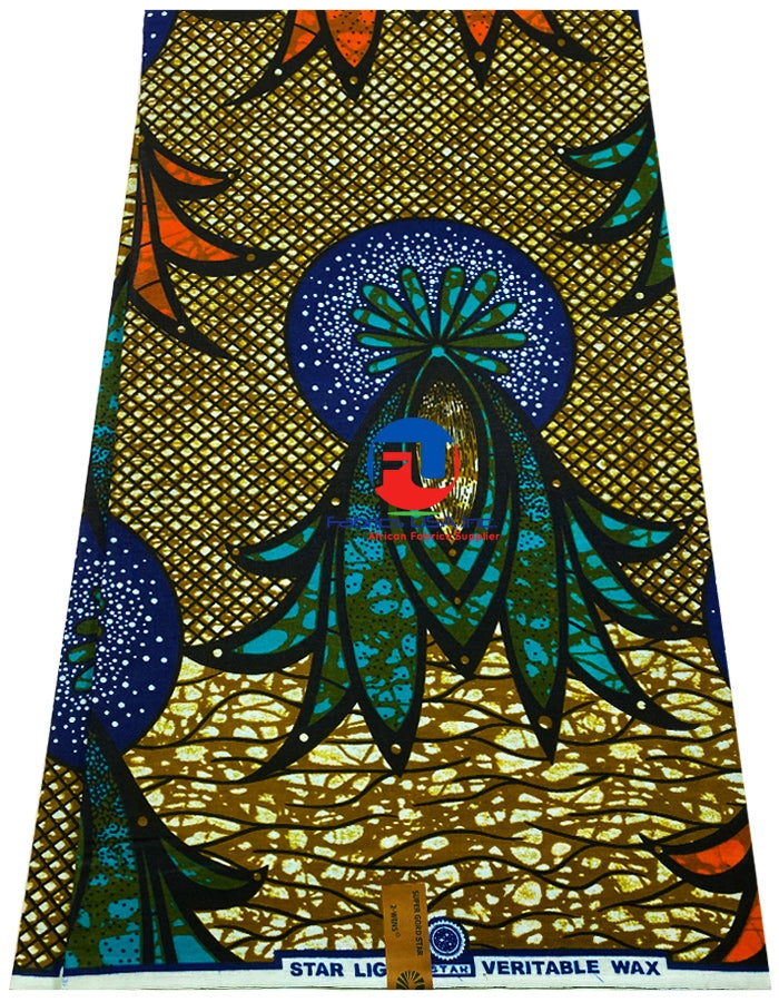 Star Light Veritable Wax Print - Orange, Teal Green, Blue, Black, White, Peanut Brown