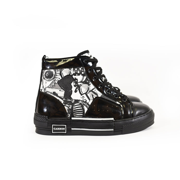 Carbon black mid-top streetwear sneakers featuring glossy panels and graphic street art motifs with star details.