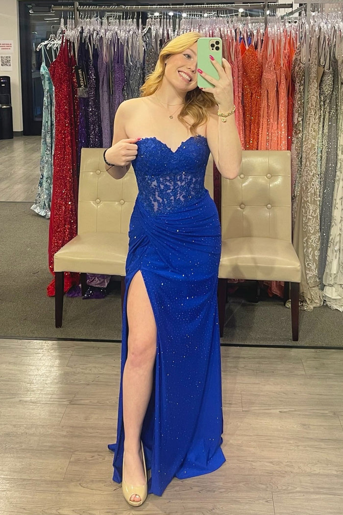 Strapless Lace Mermaid Long Formal Dress with Slit