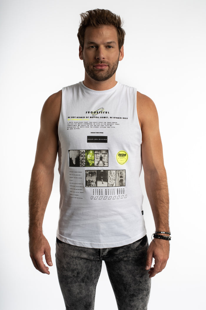 Men's white Successful ribbed tank top with graphic streetwear print and neon details in a slim fit lifestyle shot.